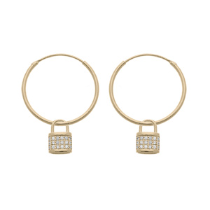 Créoles en plaqué or avec pampille cadenas et oxydes blancs sertis