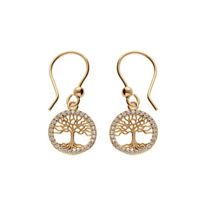 Boucles d’oreille en plaqué or arbre de vie contour oxydes blancs sertis, fermoir crochet