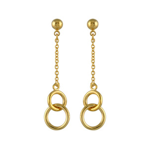 Boucles d’oreilles pendantes en plaqué or chaînette avec 2 anneaux emmaillés à l’extrémité et fermoir poussette