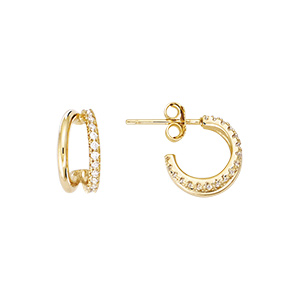 Boucles d'oreille tige en plaqué or créoles double rang lisse et oxydes blancs