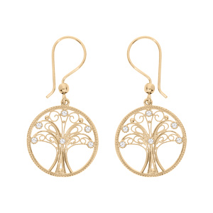 Boucles d’oreille en plaqué or cercle avec arbre de vie filigrane suspendu et oxydes blancs sertis et fermoir crochet