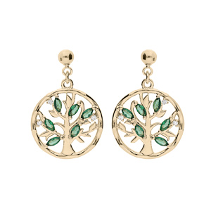 Boucles d’oreille en plaqué or avec arbre de vie oxydes vert et fermoir poussette