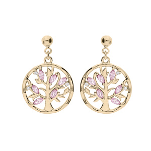 Boucles d’oreille en plaqué or arbre de vie avec oxydes roses et fermoir poussette