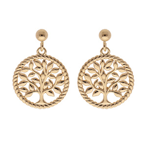 Boucles d’oreille en plaqué or arbre de vie contour perlé suspendu et fermoir poussette