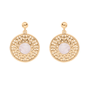 Boucles d'oreille en plaqué or ethnique rond suspendu Quartz rose véritable et fermoir poussette
