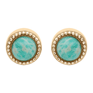 Boucles d'oreille en plaqué or avec pierre Amazonite véritable contour perlé et fermoir poussette