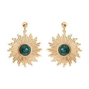 Boucles d'oreille en plaqué or soleil suspendu avec pierre Malachite véritable et fermoir poussette