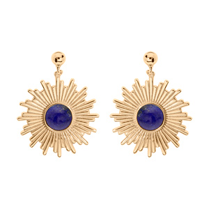 Boucles d'oreille en plaqué or soleil suspendu avec pierre Lapis Lazuli véritable et fermoir pousset