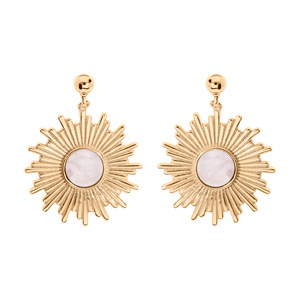 Boucles d’oreille en plaqué or soleil suspendu avec pierre Quartz véritable et fermoir poussette