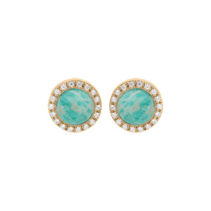 Boucles d’oreille en plaqué or pierre Amazonite véritable contour oxydes blancs sertis et fermoir poussette