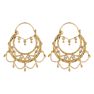 Créoles ethniques en plaqué or ornées de cristal synthétique blanc avec pampilles et chaînettes - di