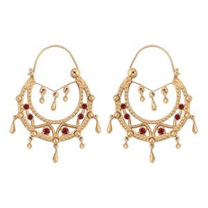 Créoles ethniques en plaqué or ornées de cristal synthétique rouge avec pampilles - diamètre anneaux