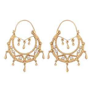 Créoles ethniques en plaqué or ornées de cristal synthétique blanc avec pampilles - diamètre anneaux