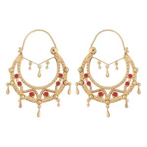 Créoles ethniques en plaqué or ornées de cristal synthétique rouge avec pampilles - diamètre anneaux