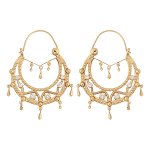 Créoles ethniques en plaqué or ornées de cristal synthétique blanc avec pampilles - diamètre anneaux