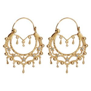 Créoles ethniques en plaqué or ornées de cristal synthétique blanc avec motif étoiles et pampilles – diamètre anneaux 33mm