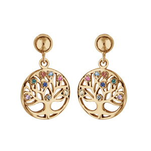 Boucles d’oreille pendantes en plaqué or pastille arbre de vie avec pierres multi couleurs suspendue et fermoir poussette