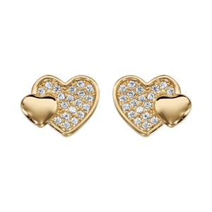 Boucles d’oreilles en plaqué or cœur pavé d’oxydes blancs et petit cœur lisse et fermoir poussette