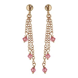 Boucles d'oreille pendantes en plaqué or 3 chaînettes avec pierre rose et fermoir poussette