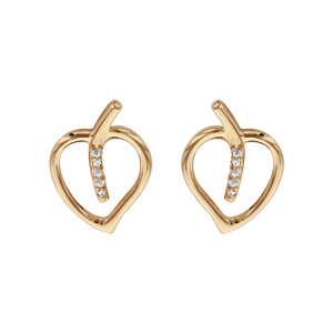 Boucles d'oreilles en plaqué or coeur évidé et tige pomme avec oxydes blancs sertis et fermoir pouss