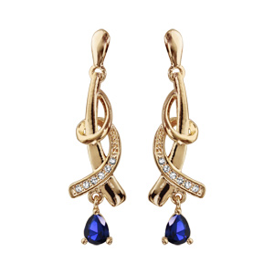 Boucles d’oreilles pendantes en plaqué or collection joaillerie 2 brins entrelacés avec oxyde bleu suspendu et fermoir poussette