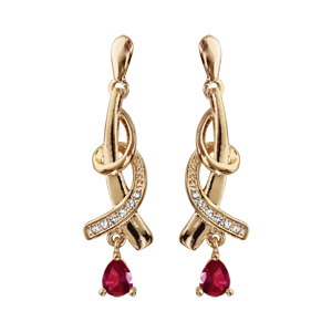 Boucles d’oreilles pendantes en plaqué or collection joaillerie 2 brins entrelacés avec oxyde rouge suspendu et fermoir poussette
