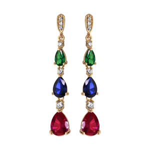 Boucles d’oreilles pendantes en plaqué or 3 pierres multicolores en cascade avec oxydes blancs et fermoir poussette
