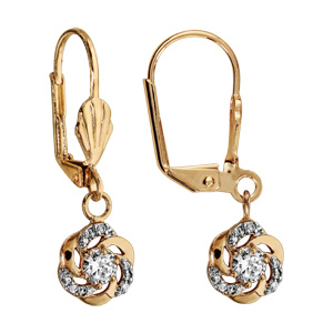 Boucles d’oreilles pendantes en plaqué or fleur suspendue cœur en oxyde blanc et fermoir dormeuse