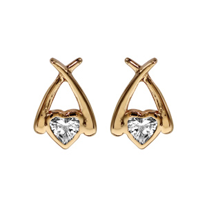 Boucles d'oreilles en plaqué or coeur en oxyde blanc serti clos entouré de 2 brins lisses et fermoir