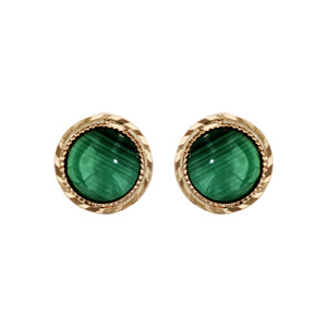 Boucles d'oreille en plaqué or avec pierre Malachite véritable cerclée et fermoir poussette