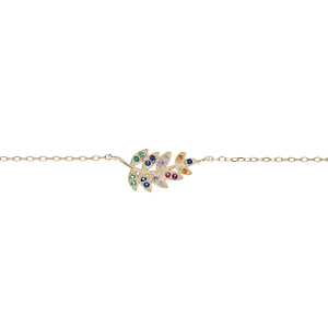 Bracelet en plaqué or chaîne avec feuille oxydes multi couleurs sertis 16+3cm