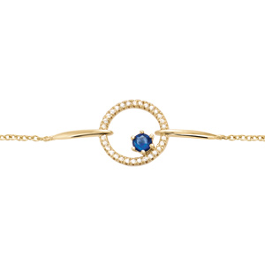 Bracelet en plaqué or chaîne cercle évidé avec 1 pierre bleu nuit contour oxydes blancs sertis – longueur 16+2cm