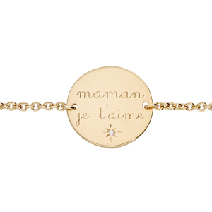 Bracelet en plaqué or chaîne avec plaque gravée « maman je t’aime » et 1 oxyde blanc serti 16+3cm