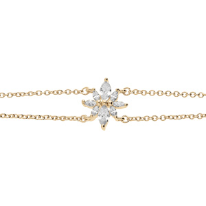 Bracelet en plaqué or double chaîne avec motif fleur et oxydes blancs 16+3cm