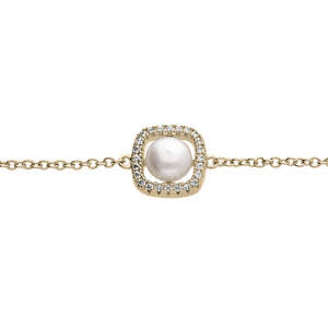 Bracelet en plaqué or chaîne avec carré oxydes blancs avec Perle de culture d’eau douce blanche 16+3cm