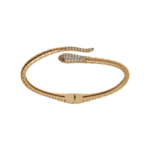 Bracelet en plaqué or articulé serpent enroulé avec oxydes blancs et yeux oxydes verts 60mm