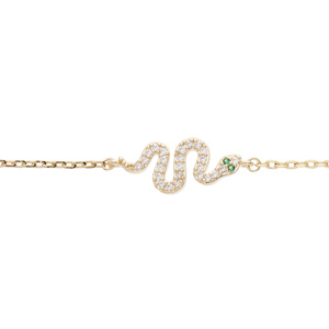 Bracelet en plaqué or chaîne avec serpent oxydes blancs et verts sertis 16,5+2,5cm