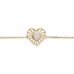 Bracelet en plaqué or chaîne avec coeur et soleil oxyde blanc serti 16+2cm