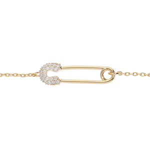 Bracelet en plaqué or chaîne avec épingle à nourrice et oxydes blancs sertis 16,5+3cm