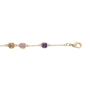 Bracelet en plaqué or chaîne avec pierres carrées violette, rose et orange 16+3cm