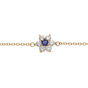 Bracelet en plaqué or chaîne avec marguerite oxydes centre bleu foncé et contour blancs sertis 16.5+
