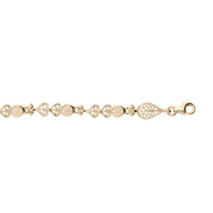 Bracelet en plaqué or oxydes blancs sertis et motifs coeurs filigranes 16+3cm