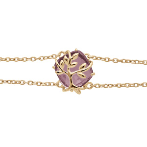Bracelet en plaqué or double chaîne avec oxyde violet motif arbre de vie 16+3cm
