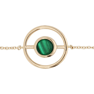 Bracelet en plaqué or chaîne avec forme ronde évidée avec pierre Malachite véritable 16+3cm