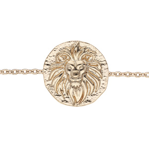 Bracelet en plaqué or chaîne avec pastille motif Lion finition antique 16+2cm