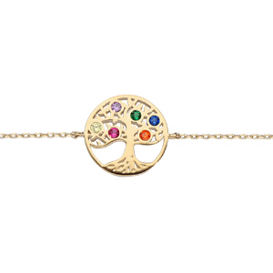 Bracelet en plaqué or chaîne avec pastille arbre de vie empierré multicolore 16+3cm