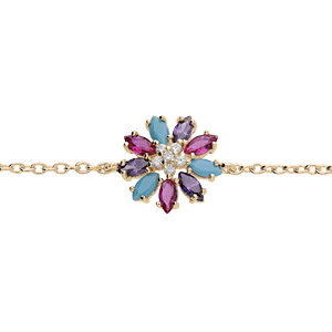 Bracelet en plaqué or chaîne avec fleur oxydes multi couleurs 16+2cm