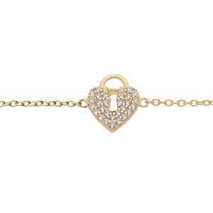 Bracelet en plaqué or chaîne avec cadenas coeur pavé d’oxydes blancs 16+2cm