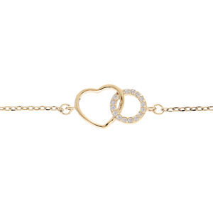 Bracelet en plaqué or chaîne avec anneau en oxydes blancs sertis entrelacé avec coeur lisse 16+3cm