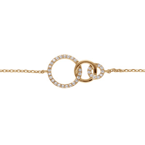Bracelet en plaqué or chaîne avec 3 ronds anneaux avec oxydes blancs sertis et 1 lisse 16+3cm